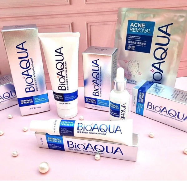 Kit Antiacné Bioaqua de 4 piezas: Gel limpiador, sérum, crema y mascarilla para eliminar acné y controlar la grasa.